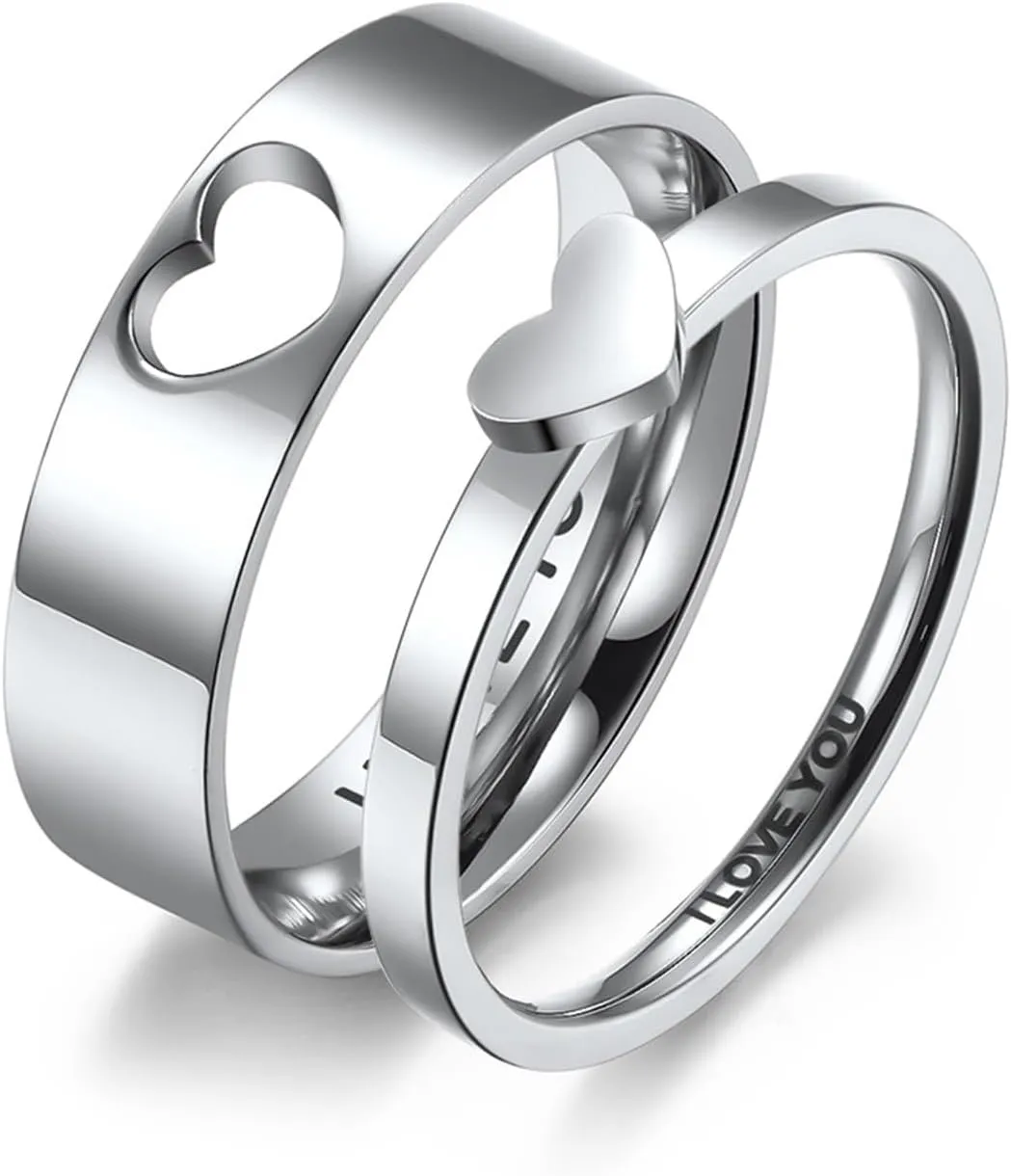 Promise Rings for Him Engraved, Men Rings Stainless Steel Goth 2PCS Titanium Matching Heart Ring I Love You Wedding Bands for Couple Valentines Day