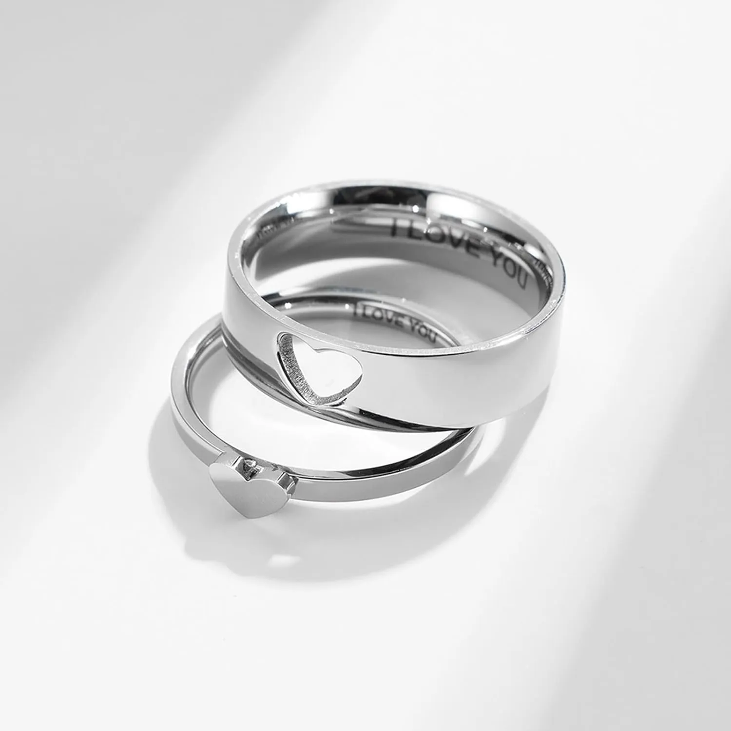 Promise Rings for Him Engraved, Men Rings Stainless Steel Goth 2PCS Titanium Matching Heart Ring I Love You Wedding Bands for Couple Valentines Day