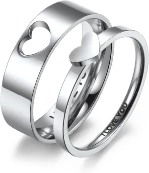 Promise Rings for Him Engraved, Men Rings Stainless Steel Goth 2PCS Titanium Matching Heart Ring I Love You Wedding Bands for Couple Valentines Day