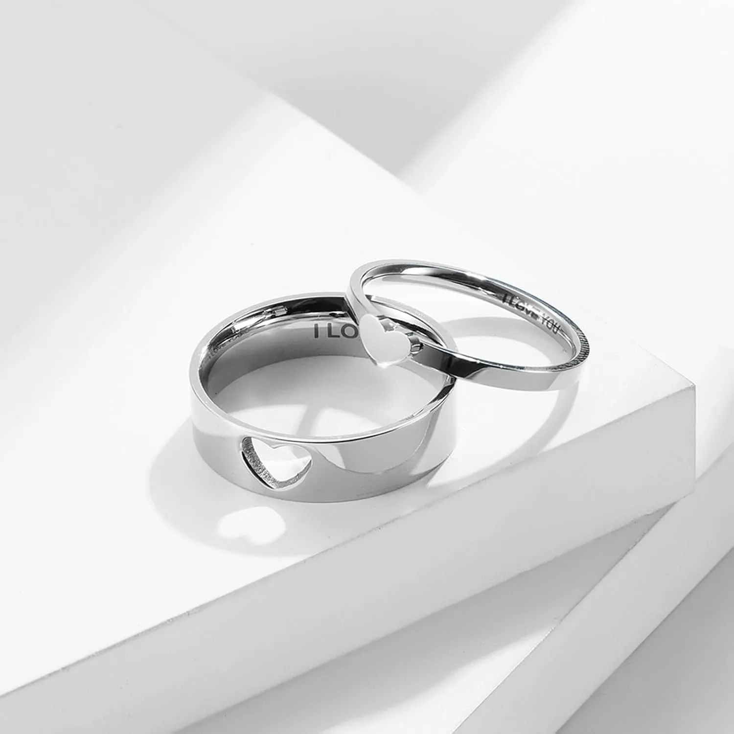 Promise Rings for Him Engraved, Men Rings Stainless Steel Goth 2PCS Titanium Matching Heart Ring I Love You Wedding Bands for Couple Valentines Day