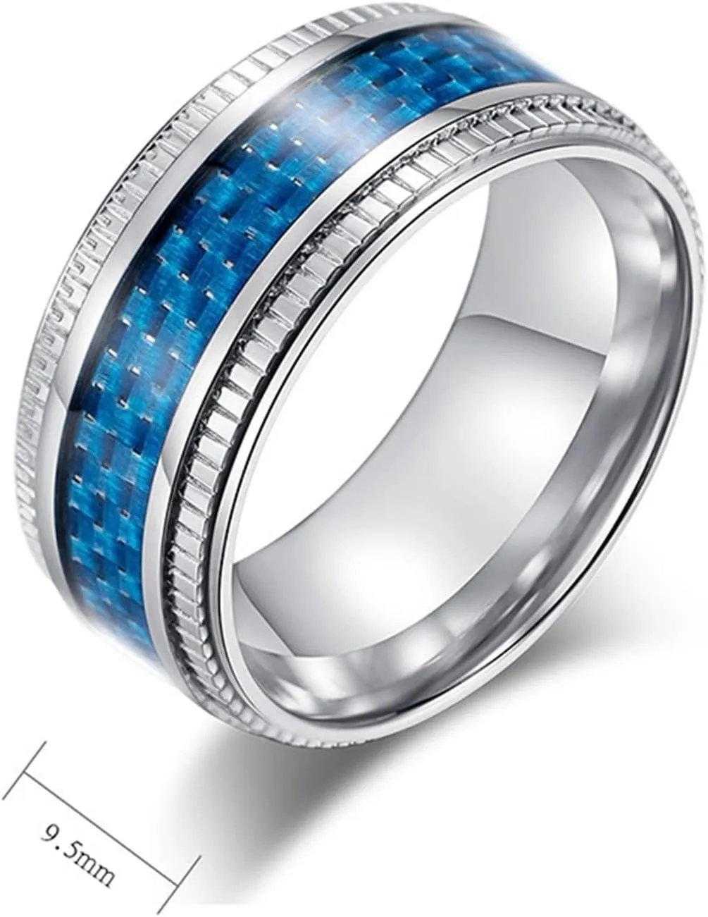 Promise Rings for Him Unique, Stainless Steel Rings Jewelry 2PCS Titanium 9.5mm Silver Ring Inlay Blue Carbon Fiber Wedding Bands for Couple Jewelry