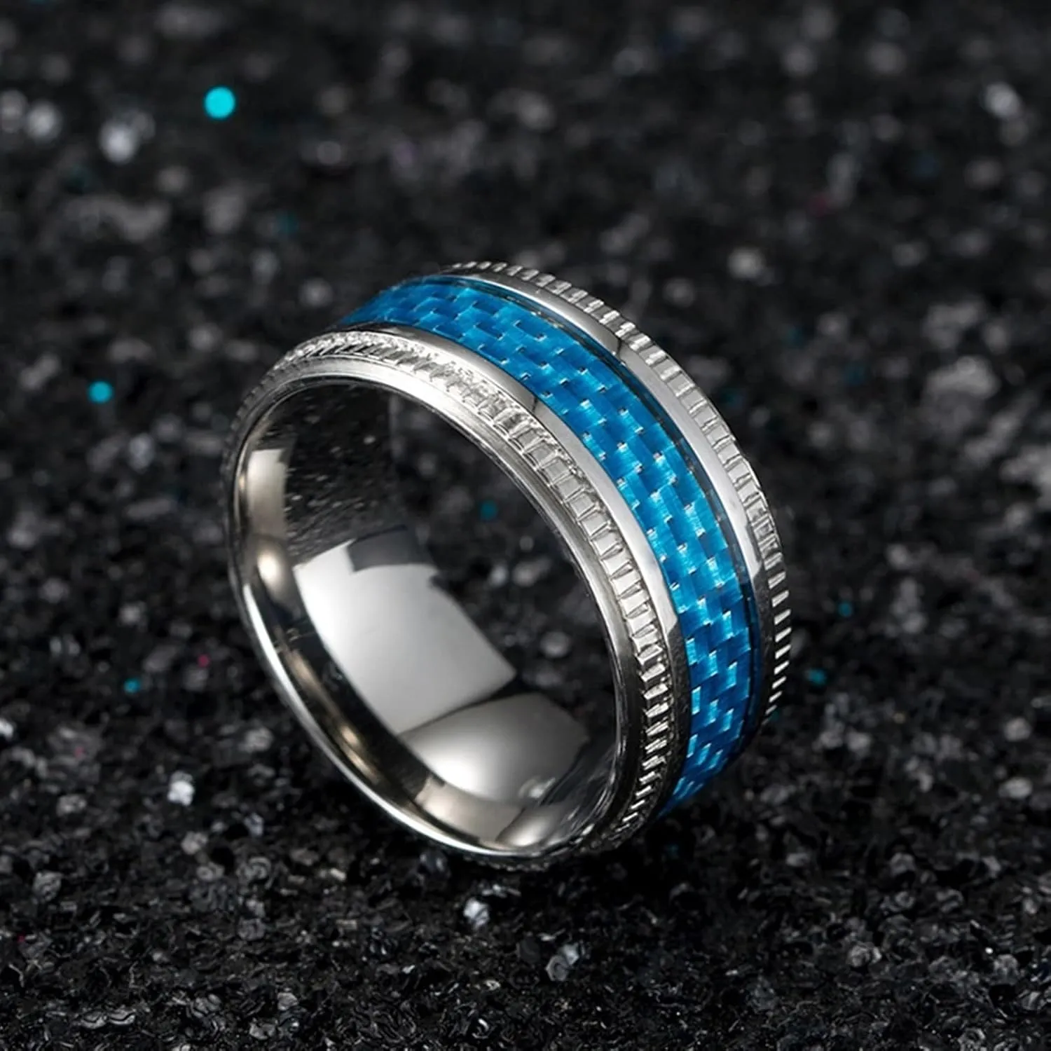 Promise Rings for Him Unique, Stainless Steel Rings Jewelry 2PCS Titanium 9.5mm Silver Ring Inlay Blue Carbon Fiber Wedding Bands for Couple Jewelry