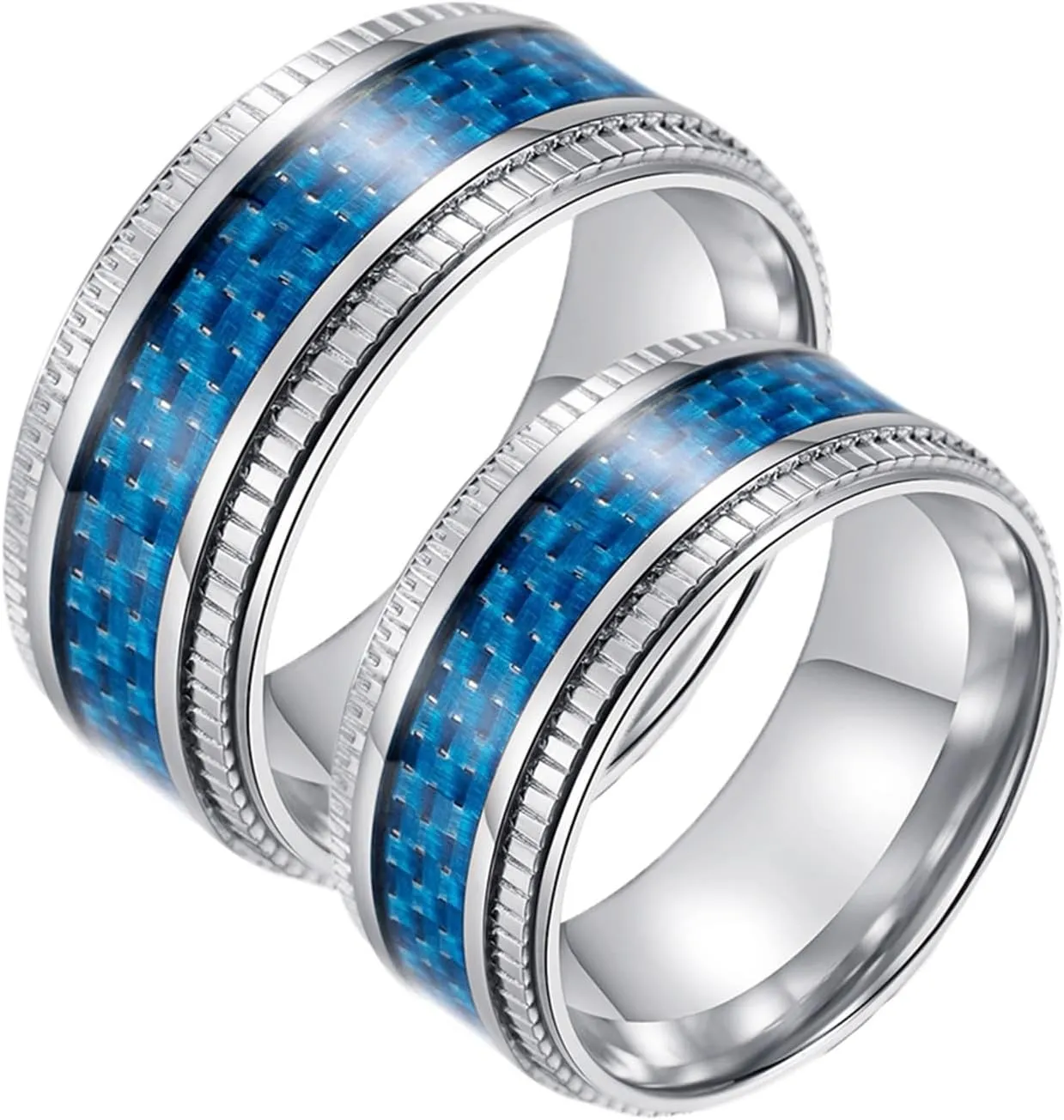 Promise Rings for Him Unique, Stainless Steel Rings Jewelry 2PCS Titanium 9.5mm Silver Ring Inlay Blue Carbon Fiber Wedding Bands for Couple Jewelry