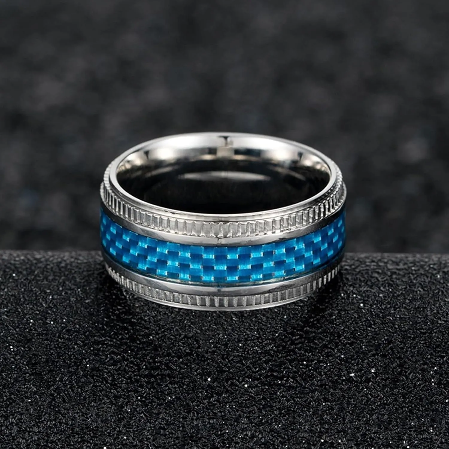 Promise Rings for Him Unique, Stainless Steel Rings Jewelry 2PCS Titanium 9.5mm Silver Ring Inlay Blue Carbon Fiber Wedding Bands for Couple Jewelry