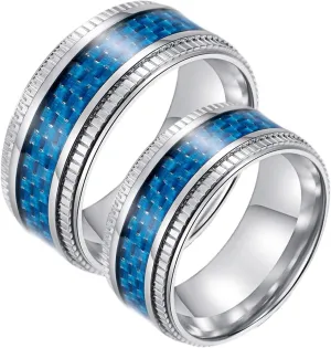Promise Rings for Him Unique, Stainless Steel Rings Jewelry 2PCS Titanium 9.5mm Silver Ring Inlay Blue Carbon Fiber Wedding Bands for Couple Jewelry