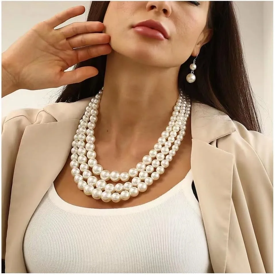 Q&D&S Chunky Pearl Necklace and Earring Set Big Faux Pearl Prom Jewelry Sets for Women Beaded Strand Bracelet Stud Earrings for Women Wedding