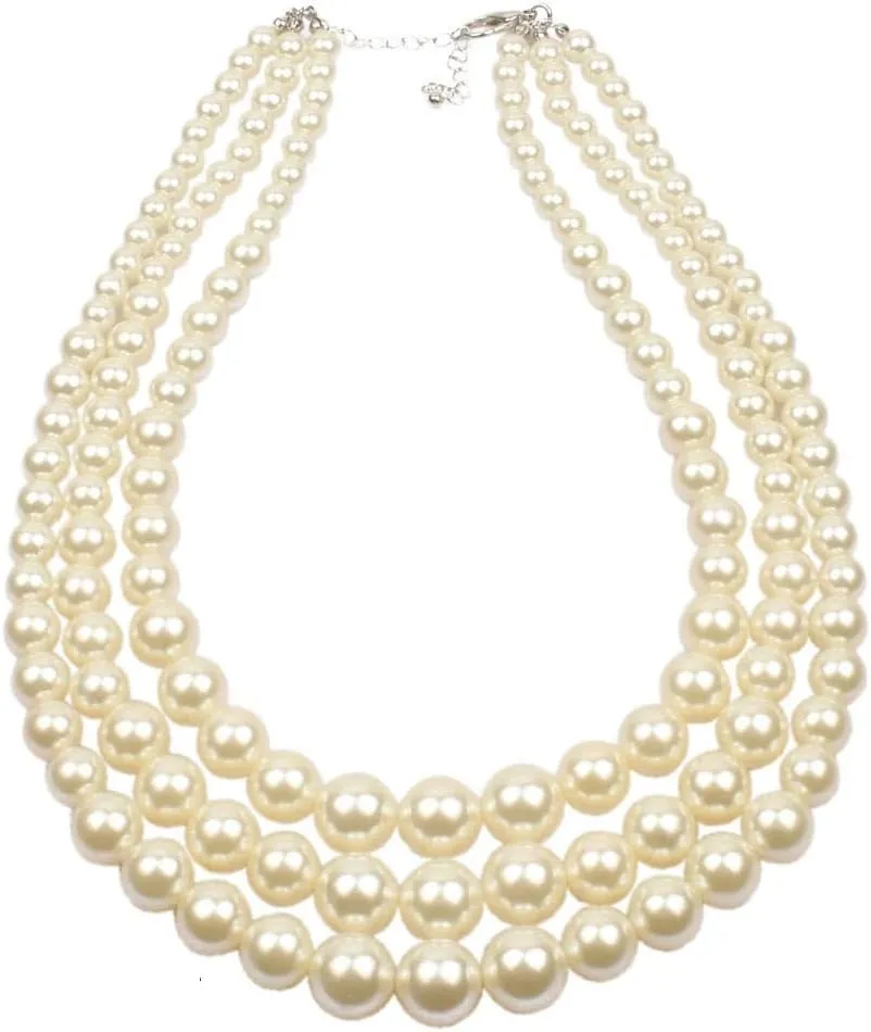 Q&D&S Chunky Pearl Necklace and Earring Set Big Faux Pearl Prom Jewelry Sets for Women Beaded Strand Bracelet Stud Earrings for Women Wedding
