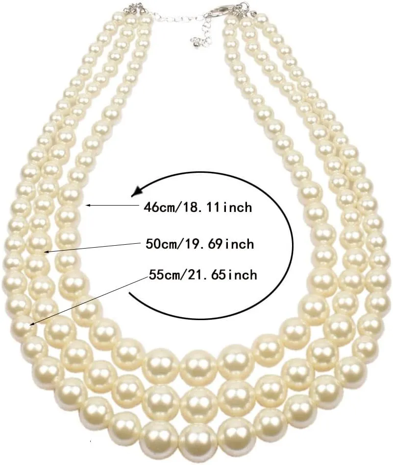 Q&D&S Chunky Pearl Necklace and Earring Set Big Faux Pearl Prom Jewelry Sets for Women Beaded Strand Bracelet Stud Earrings for Women Wedding