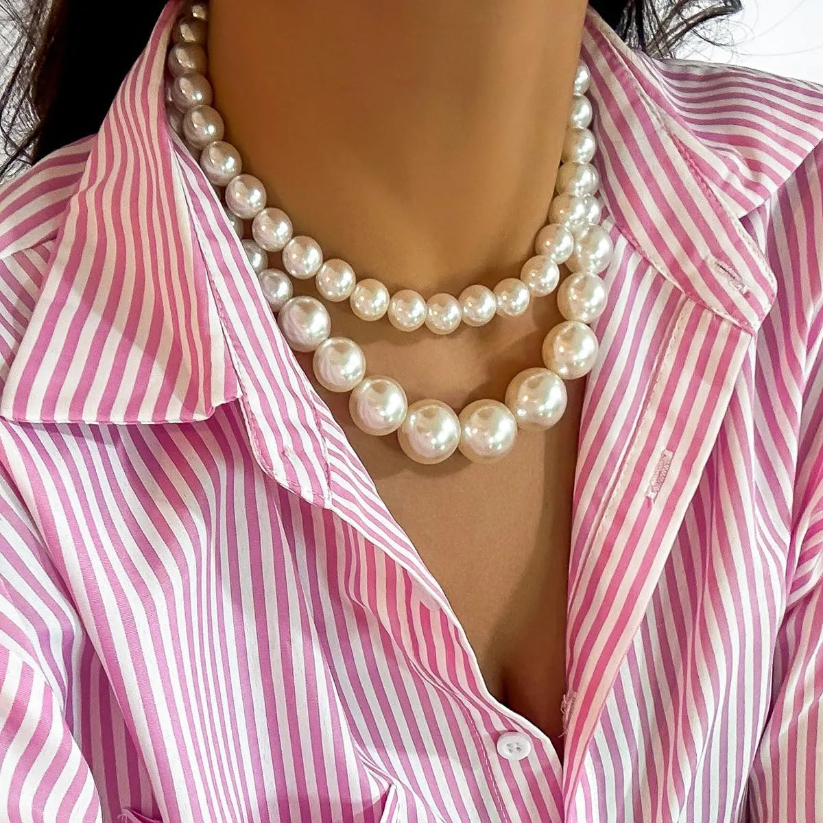 Q&D&S Chunky Pearl Necklace and Earring Set Big Faux Pearl Prom Jewelry Sets for Women Beaded Strand Bracelet Stud Earrings for Women Wedding