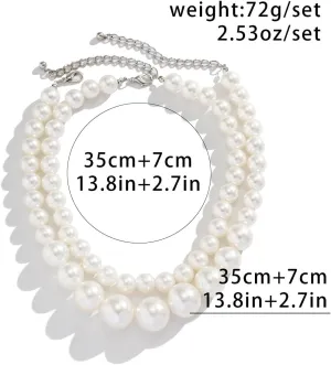 Q&D&S Chunky Pearl Necklace and Earring Set Big Faux Pearl Prom Jewelry Sets for Women Beaded Strand Bracelet Stud Earrings for Women Wedding
