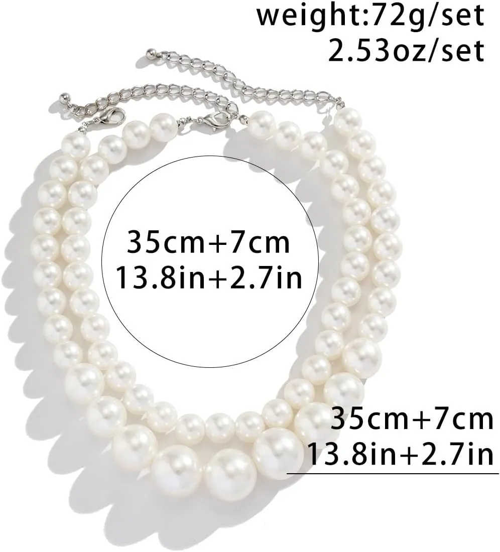 Q&D&S Chunky Pearl Necklace and Earring Set Big Faux Pearl Prom Jewelry Sets for Women Beaded Strand Bracelet Stud Earrings for Women Wedding