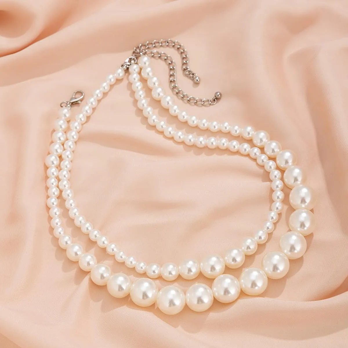 Q&D&S Chunky Pearl Necklace and Earring Set Big Faux Pearl Prom Jewelry Sets for Women Beaded Strand Bracelet Stud Earrings for Women Wedding