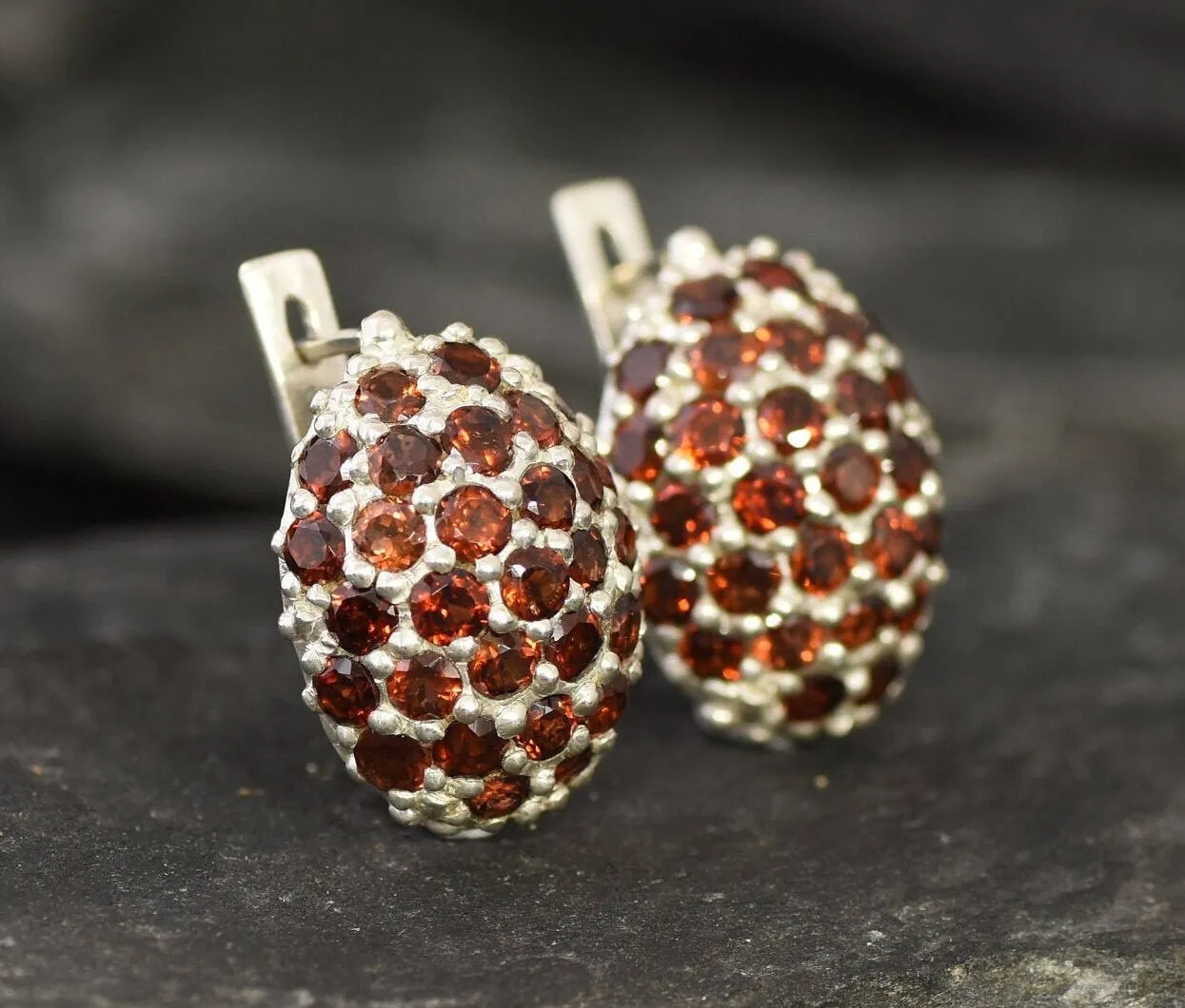 Red Cluster Earrings - Natural Garnet Earrings, Red Sphere Earrings
