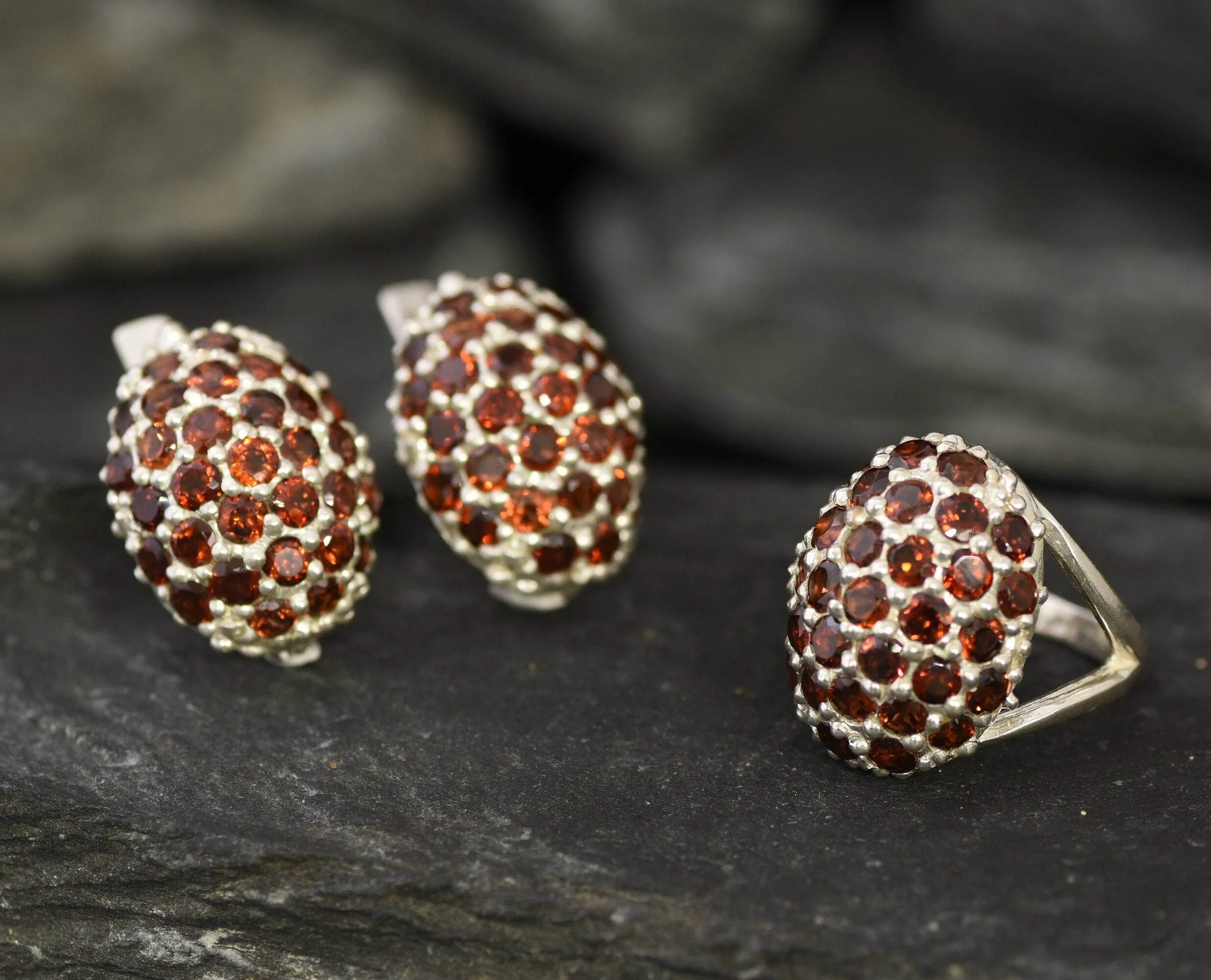 Red Cluster Earrings - Natural Garnet Earrings, Red Sphere Earrings