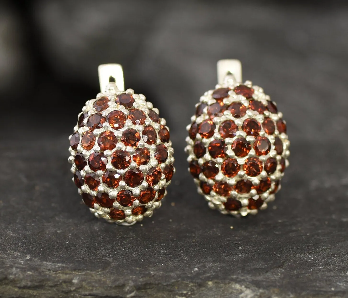 Red Cluster Earrings - Natural Garnet Earrings, Red Sphere Earrings