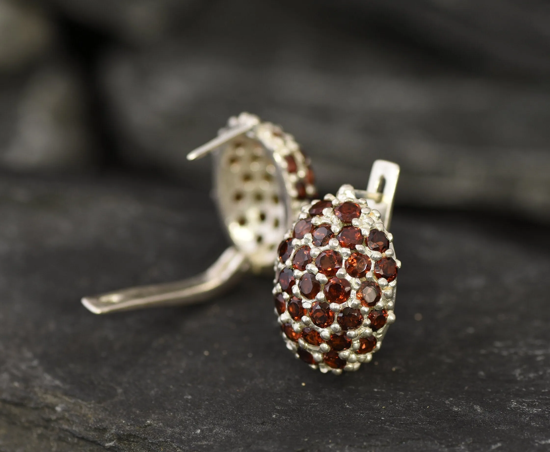 Red Cluster Earrings - Natural Garnet Earrings, Red Sphere Earrings