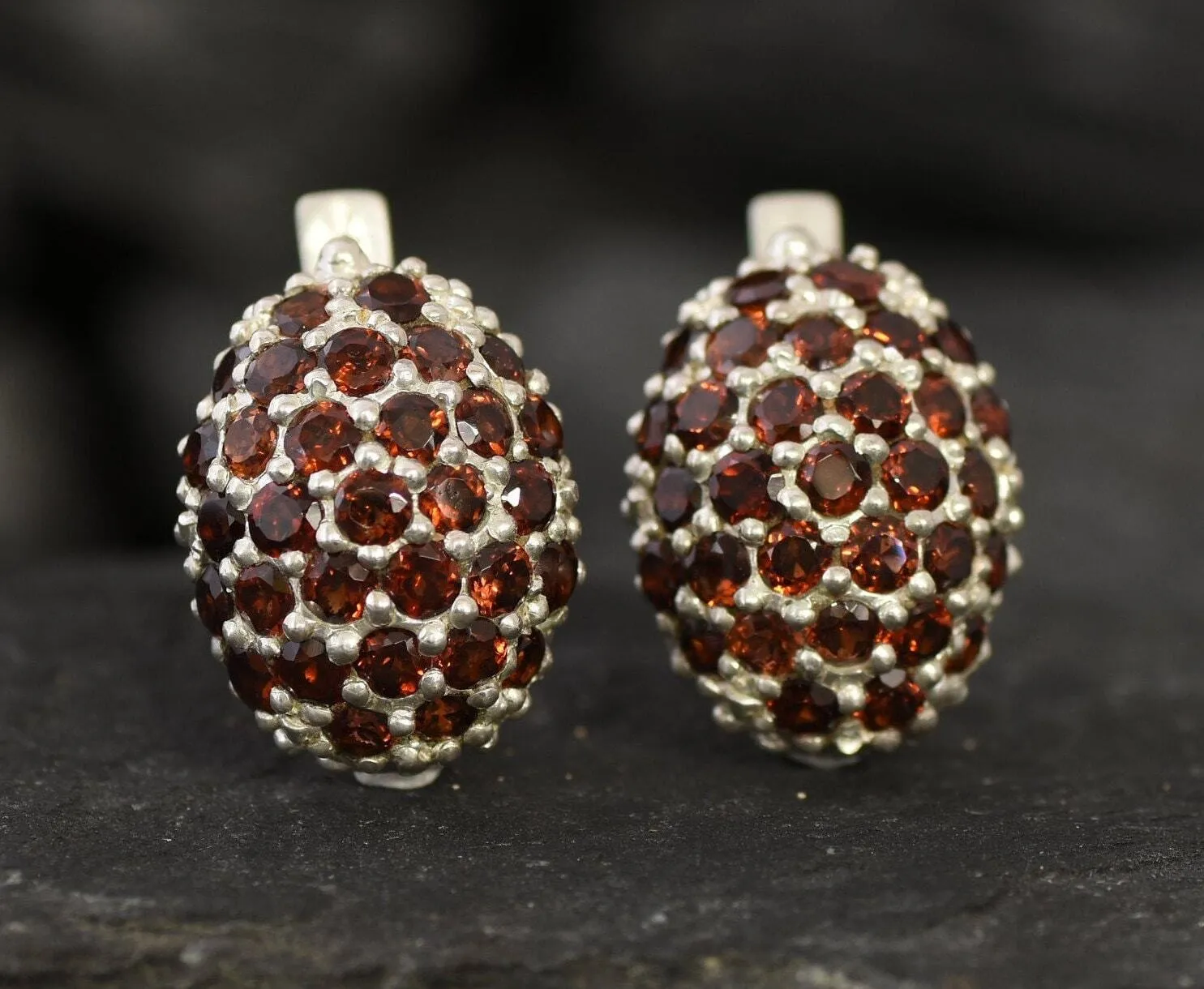 Red Cluster Earrings - Natural Garnet Earrings, Red Sphere Earrings