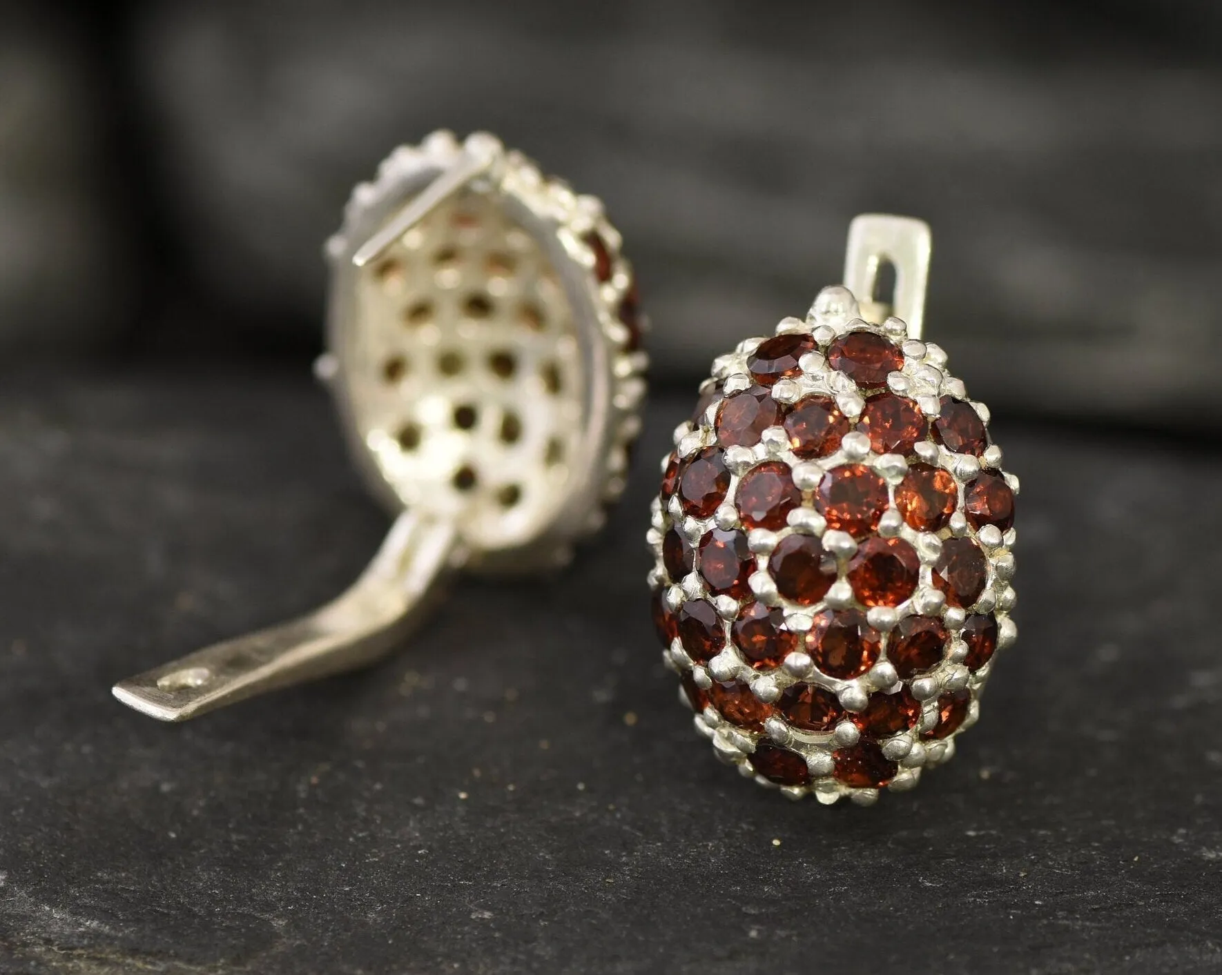 Red Cluster Earrings - Natural Garnet Earrings, Red Sphere Earrings