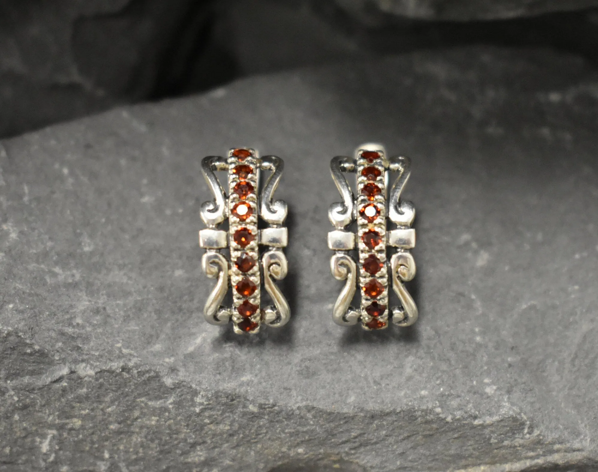 Red Tiara Earrings - Natural Garnet Earrings, Silver Crown Earrings