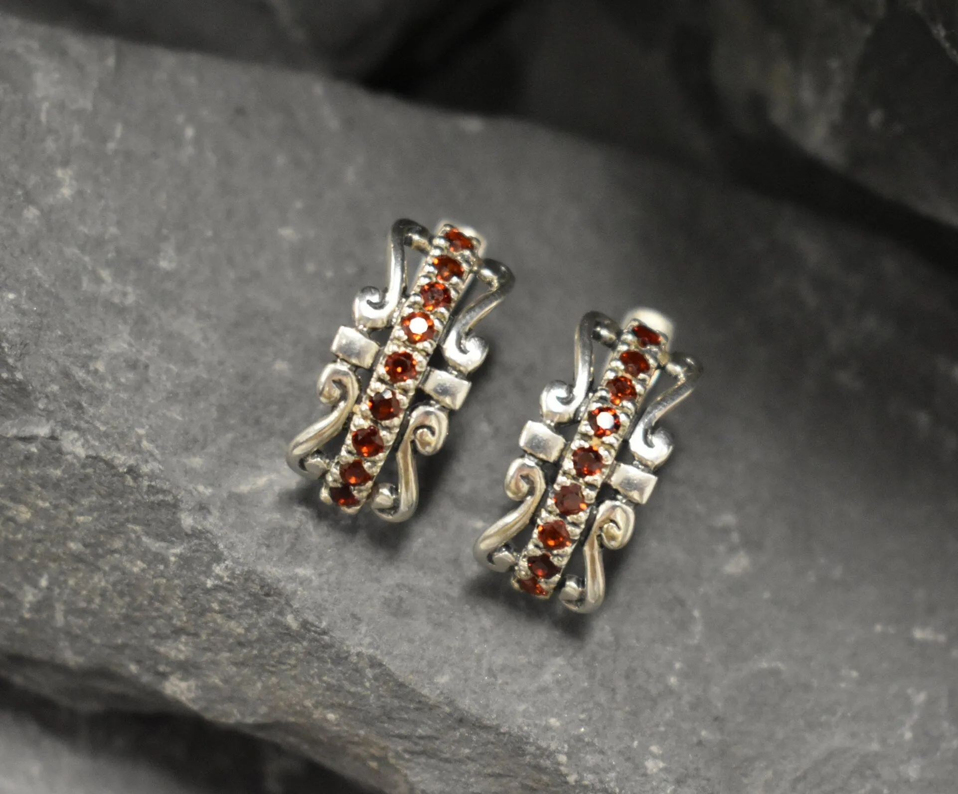 Red Tiara Earrings - Natural Garnet Earrings, Silver Crown Earrings
