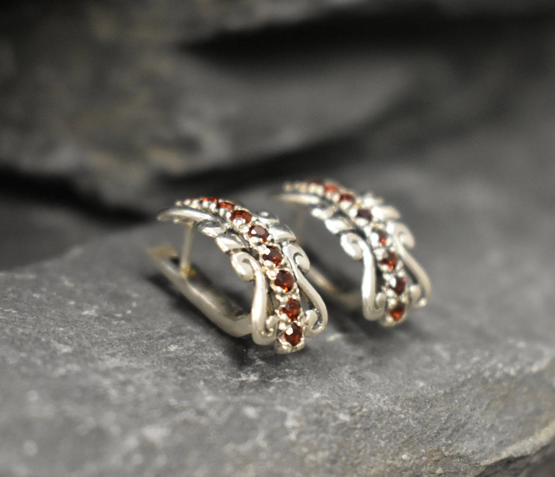 Red Tiara Earrings - Natural Garnet Earrings, Silver Crown Earrings