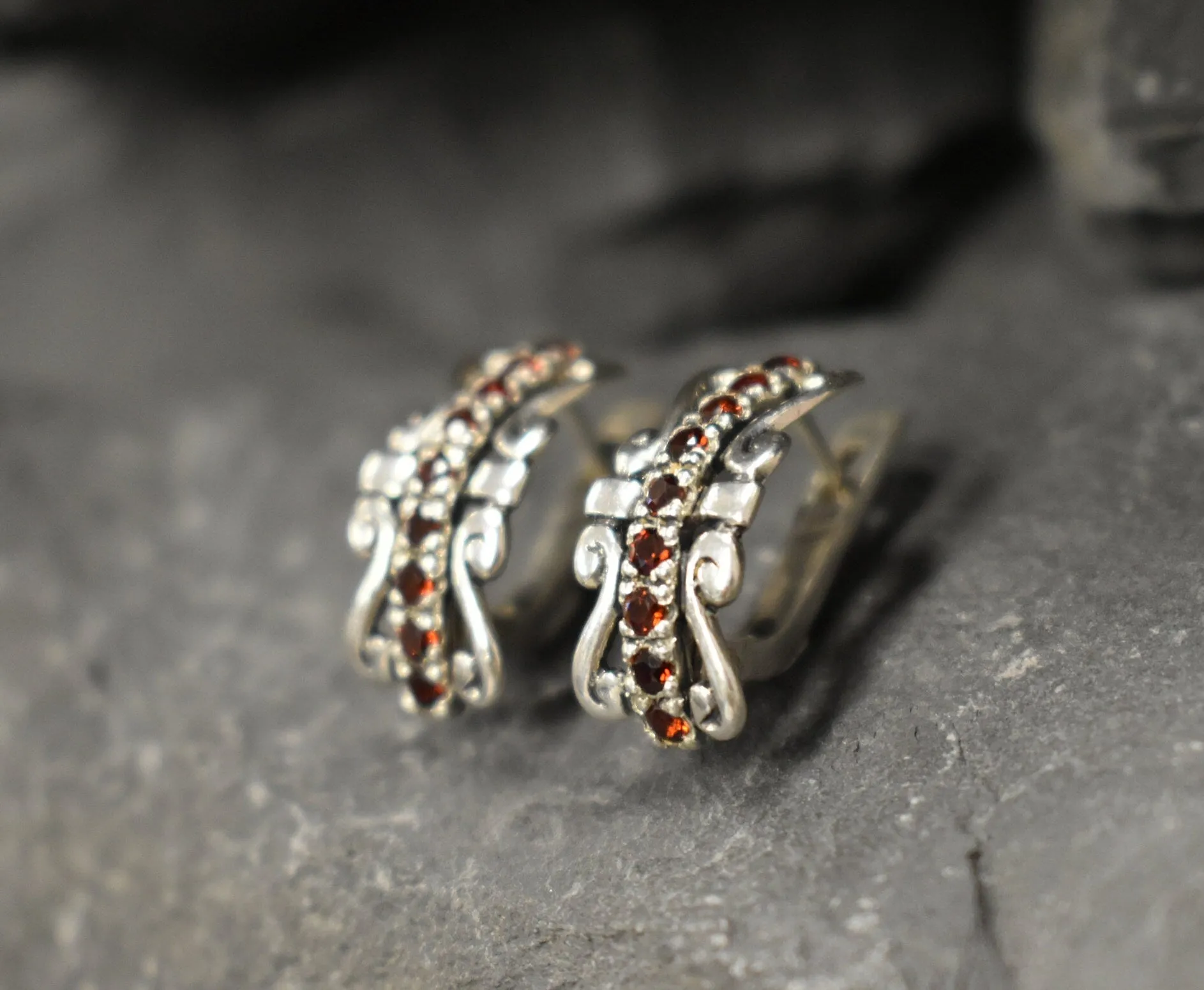 Red Tiara Earrings - Natural Garnet Earrings, Silver Crown Earrings