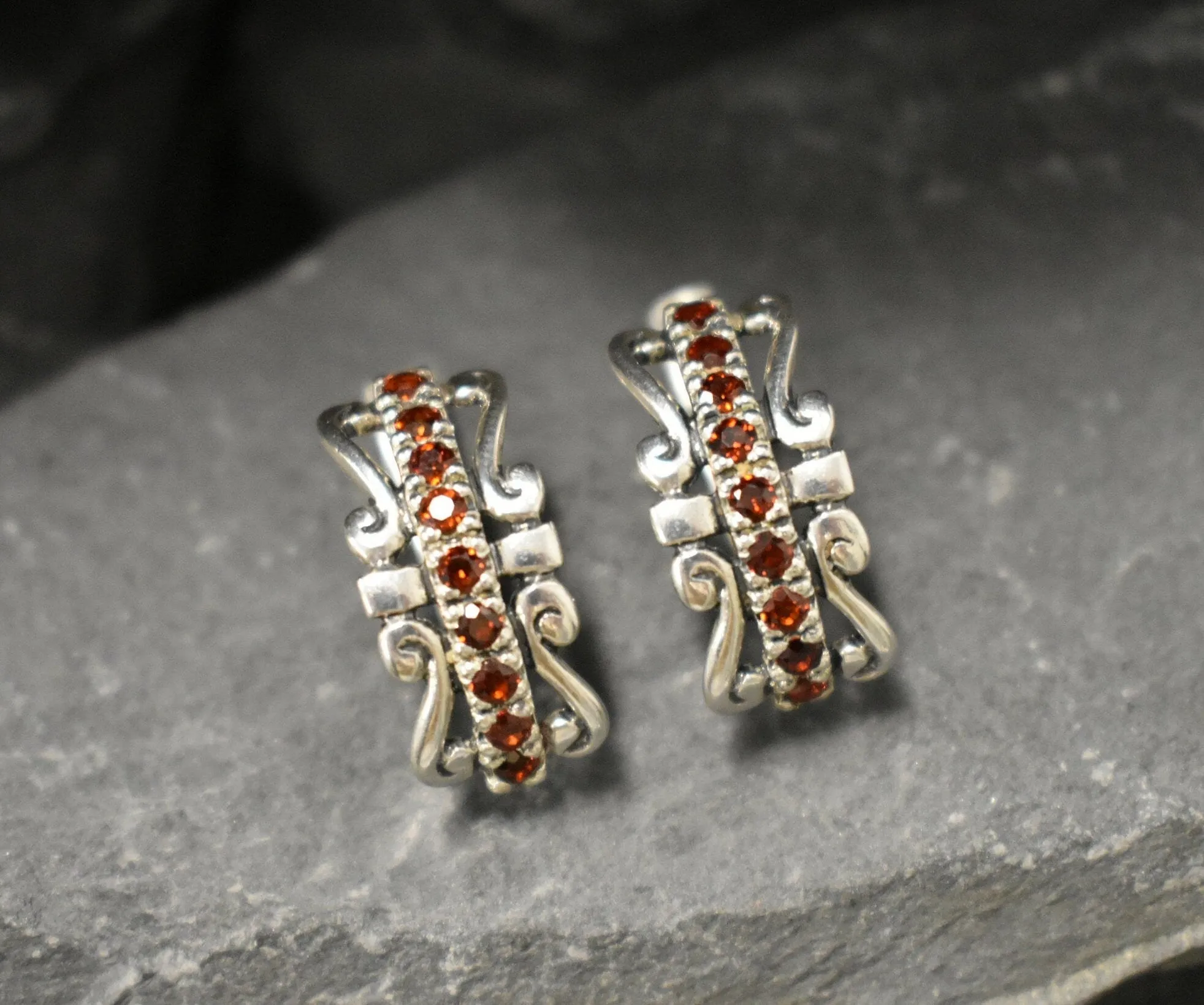Red Tiara Earrings - Natural Garnet Earrings, Silver Crown Earrings