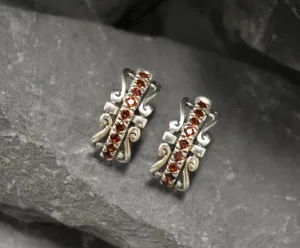 Red Tiara Earrings - Natural Garnet Earrings, Silver Crown Earrings