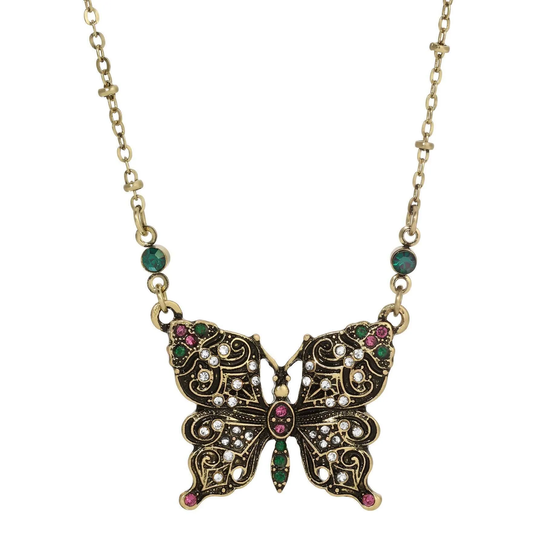 Regency Antiqued Butterfly Multi Color Crystals Pendant Necklace 16"   3" Extension