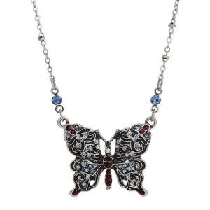 Regency Antiqued Butterfly Multi Color Crystals Pendant Necklace 16"   3" Extension