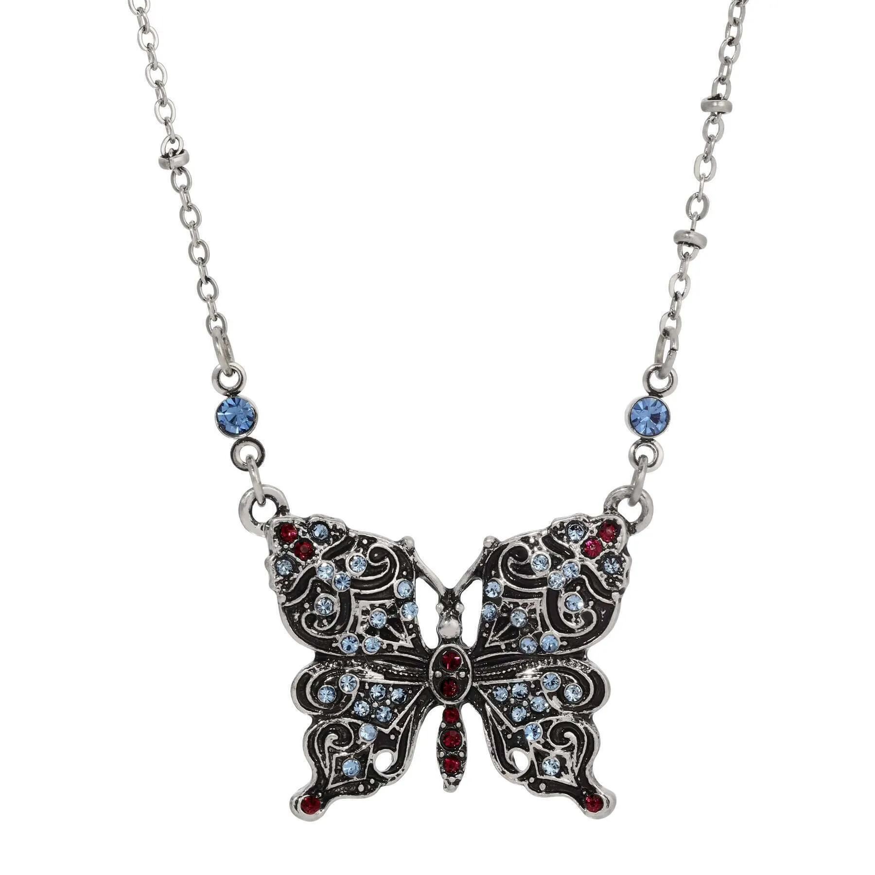 Regency Antiqued Butterfly Multi Color Crystals Pendant Necklace 16"   3" Extension