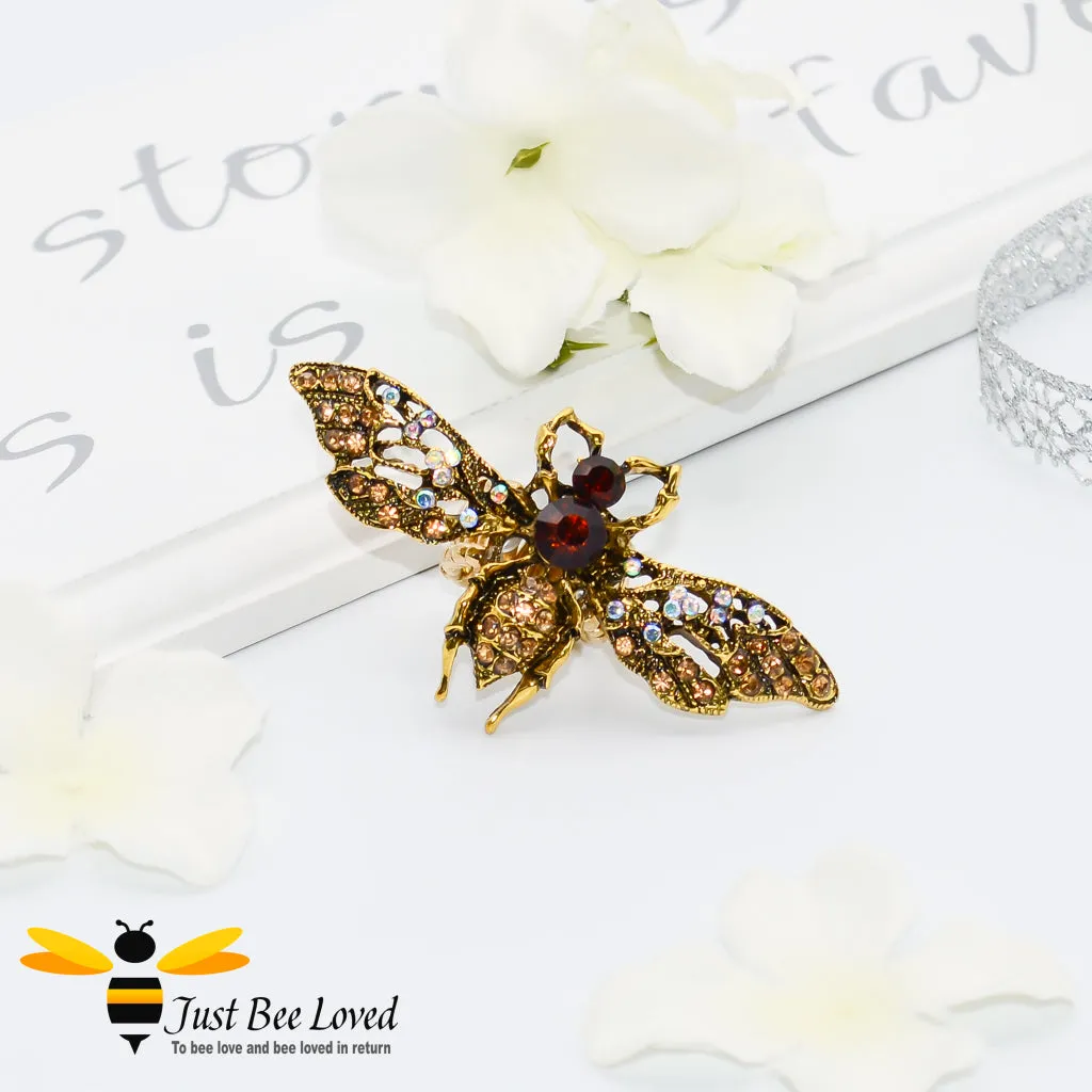 Rhinestone Bee Antique Gold Statement Ring