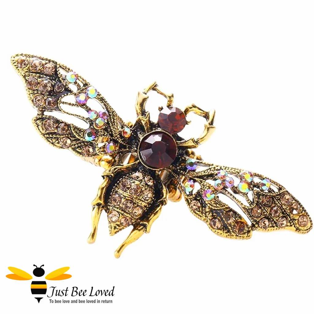 Rhinestone Bee Antique Gold Statement Ring