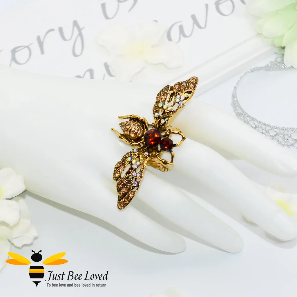 Rhinestone Bee Antique Gold Statement Ring
