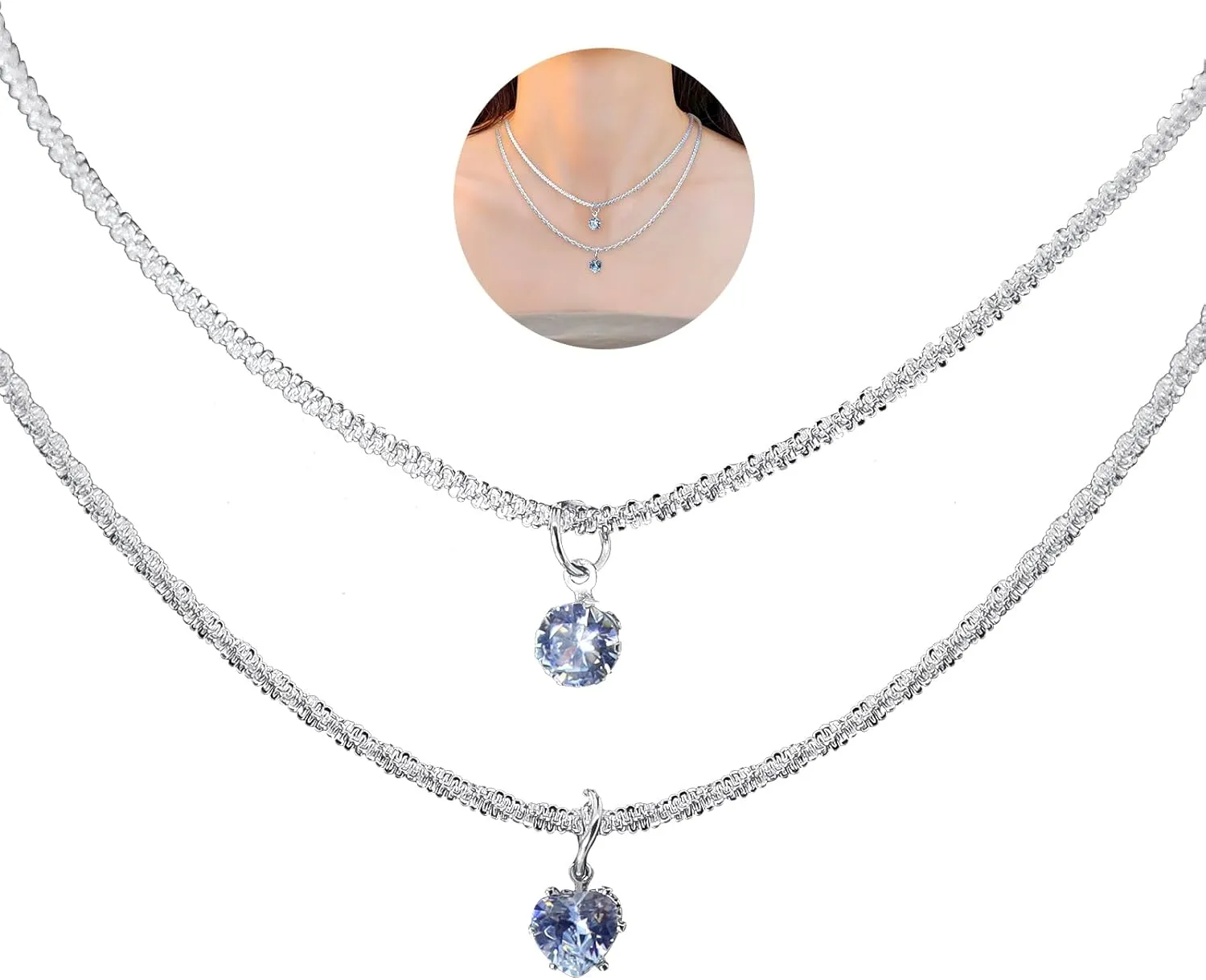 Rhinestone Necklace Sparkling Heart Round Diamond Choker Necklace Set Double Layer Snake Chain Rhinestone Necklace Diamond Necklaces Dainty Choker Necklaces for Women