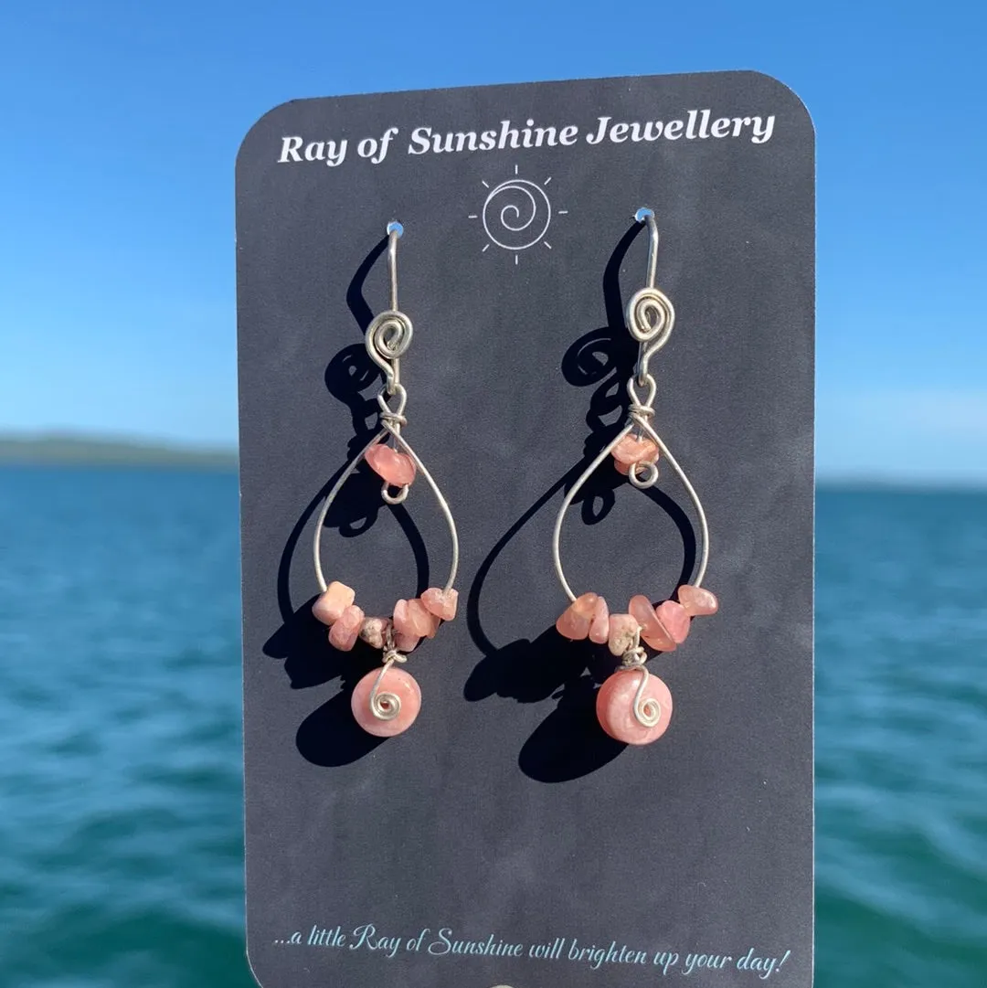 Rhodochrosite chips Boho Sterling Silver Earrings