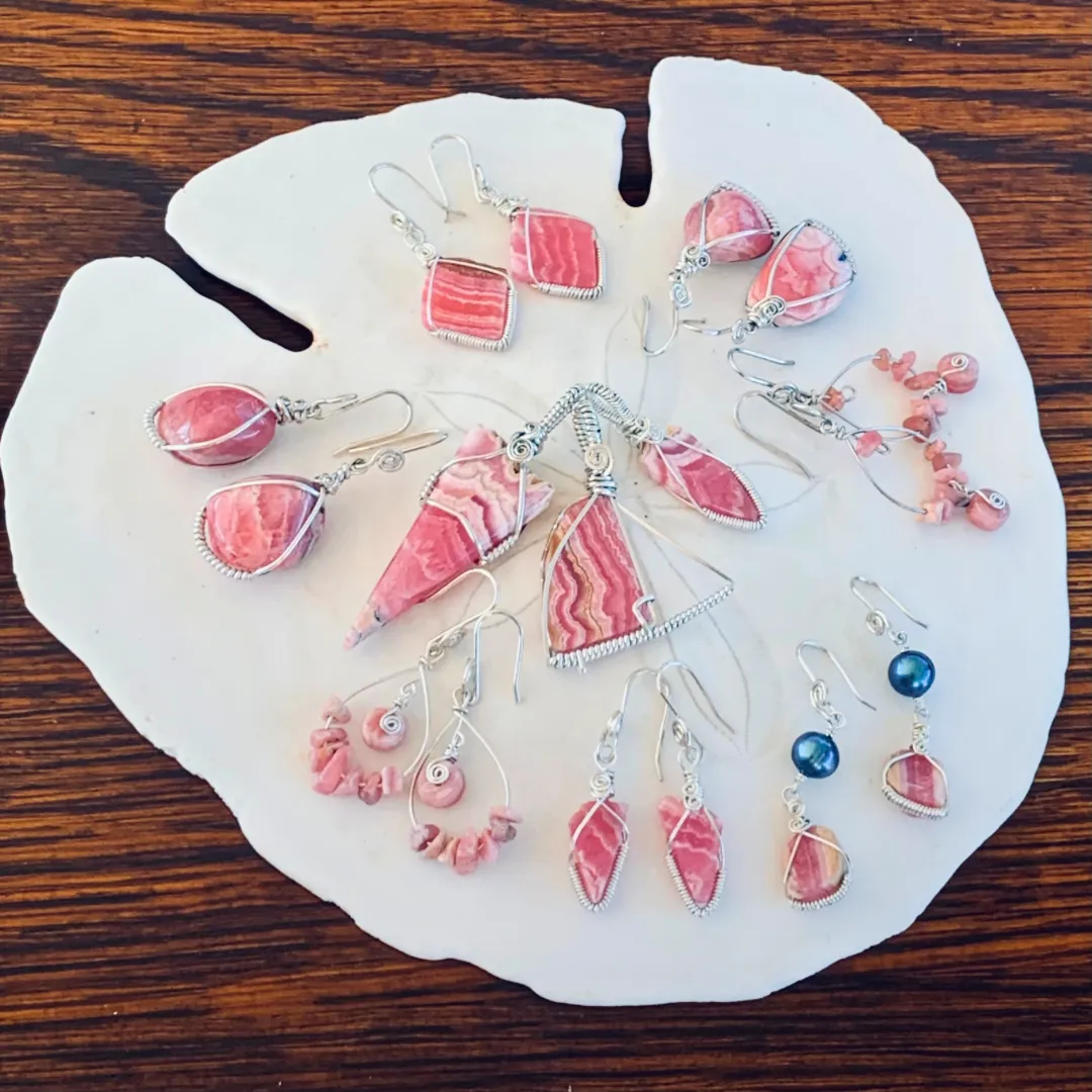 Rhodochrosite chips Boho Sterling Silver Earrings
