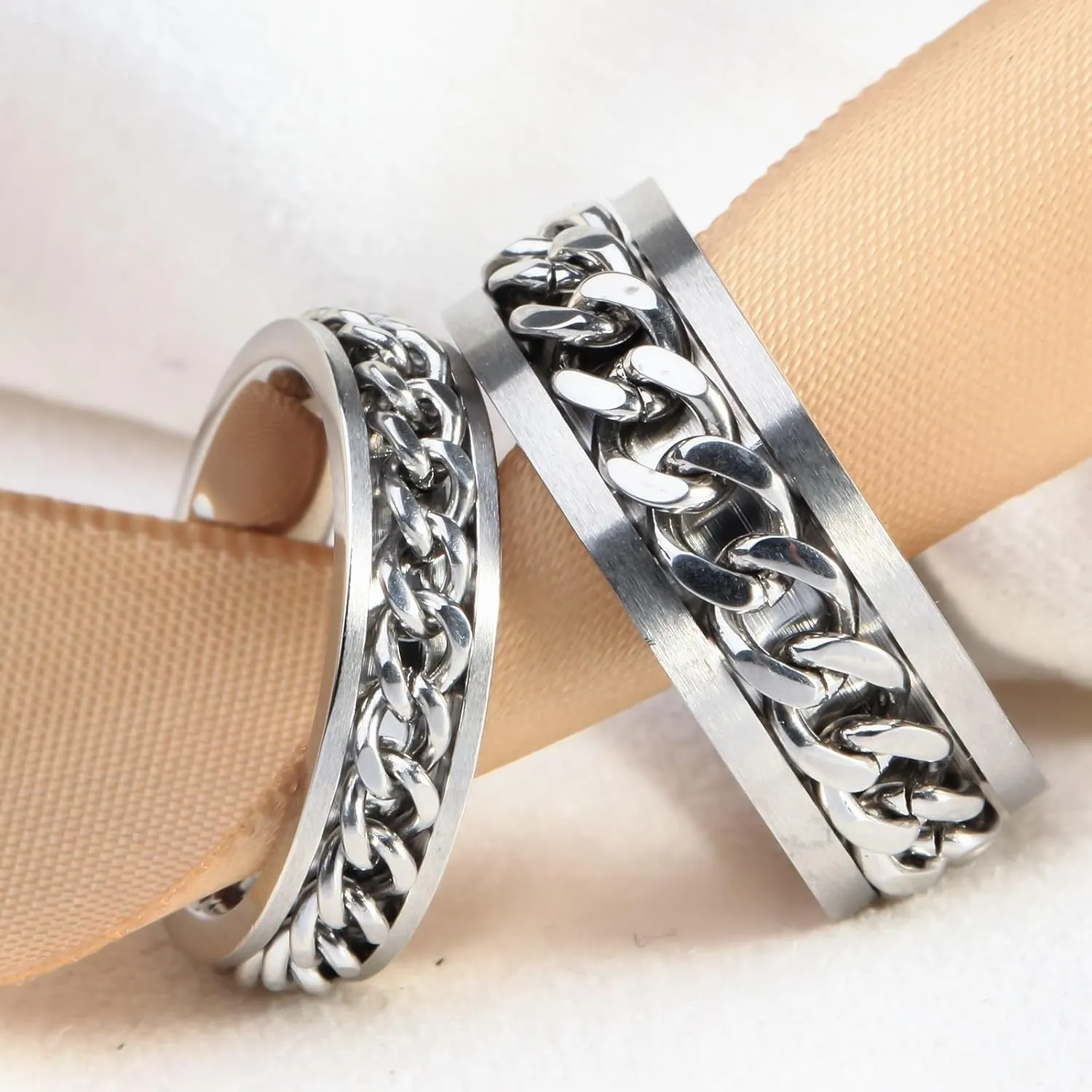 Rings Wedding Rings, Mens Wedding Ring Titanium 2PCS Stainless Steel Silver Cuban Chain Ring Size Women 5 Men 6 for Couple Promise Jewelry