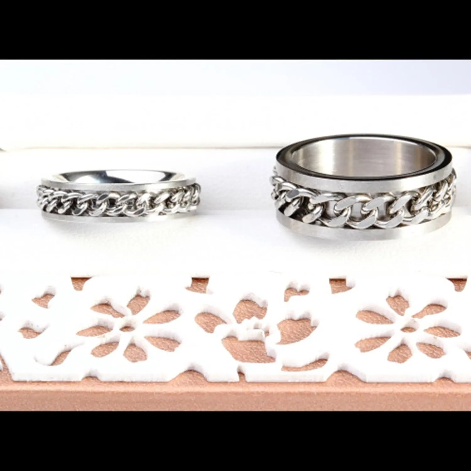 Rings Wedding Rings, Mens Wedding Ring Titanium 2PCS Stainless Steel Silver Cuban Chain Ring Size Women 5 Men 6 for Couple Promise Jewelry
