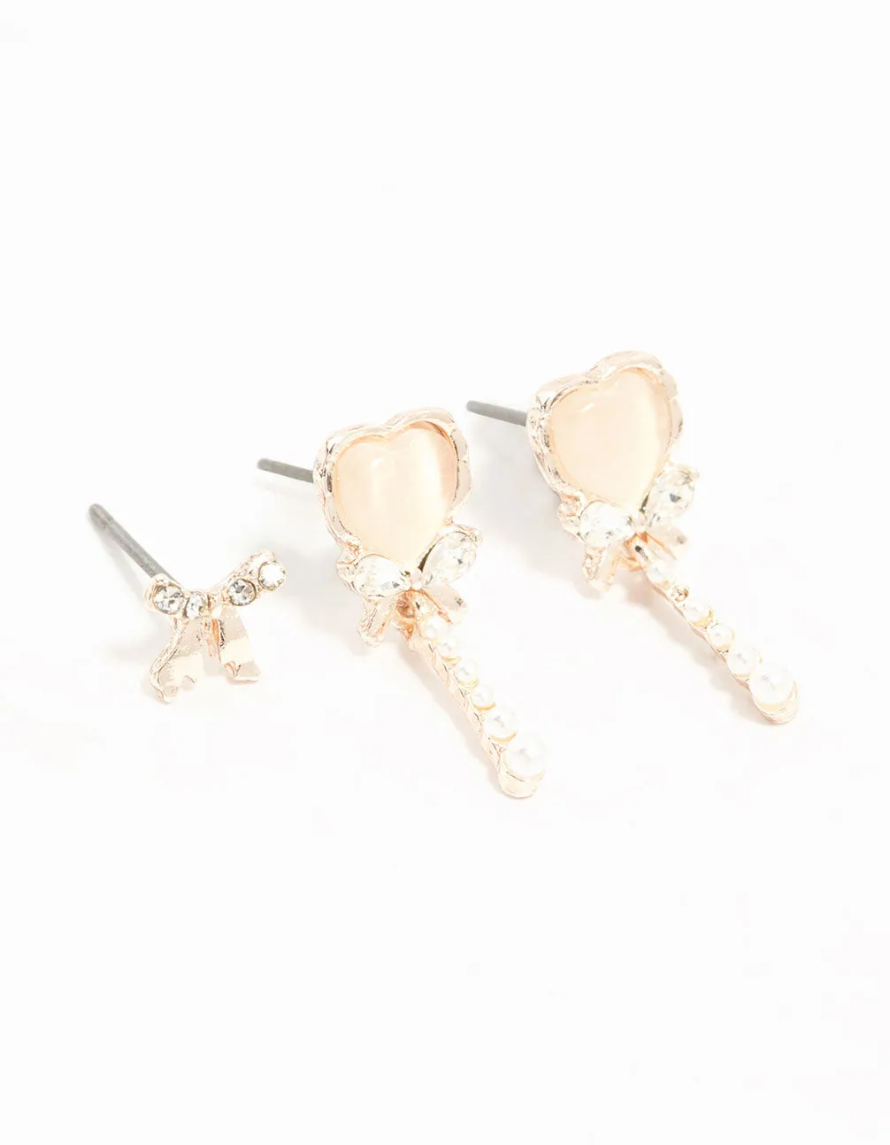 Rose Gold Dainty Heart & Bow 3-Pack Earrings