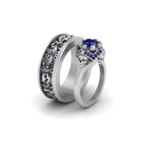 Royal French Flower Gothic Skull Wedding Ring Band Set Blue Sapphire Matching Skull Rings For Couple Solid 925 Silver