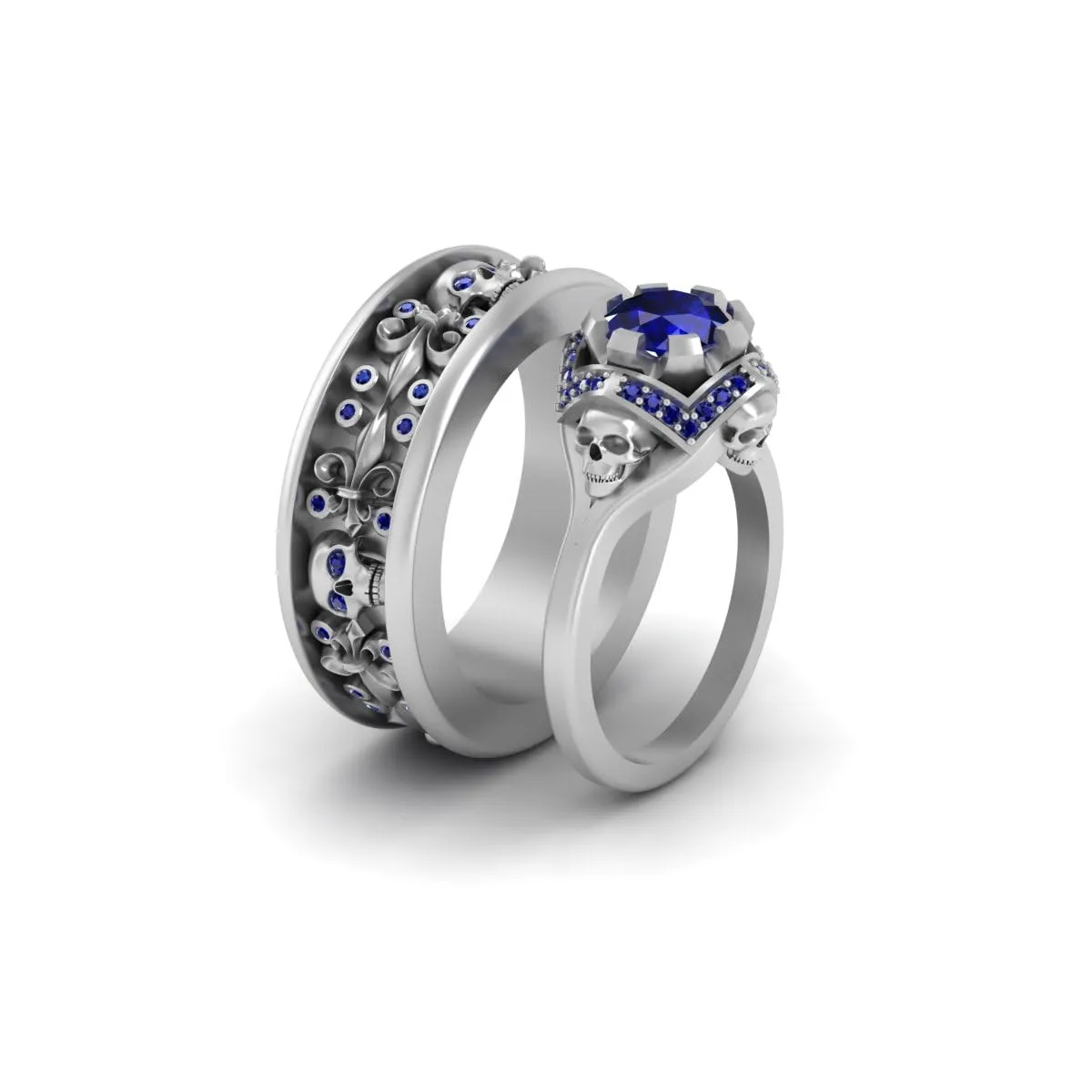 Royal French Flower Gothic Skull Wedding Ring Band Set Blue Sapphire Matching Skull Rings For Couple Solid 925 Silver