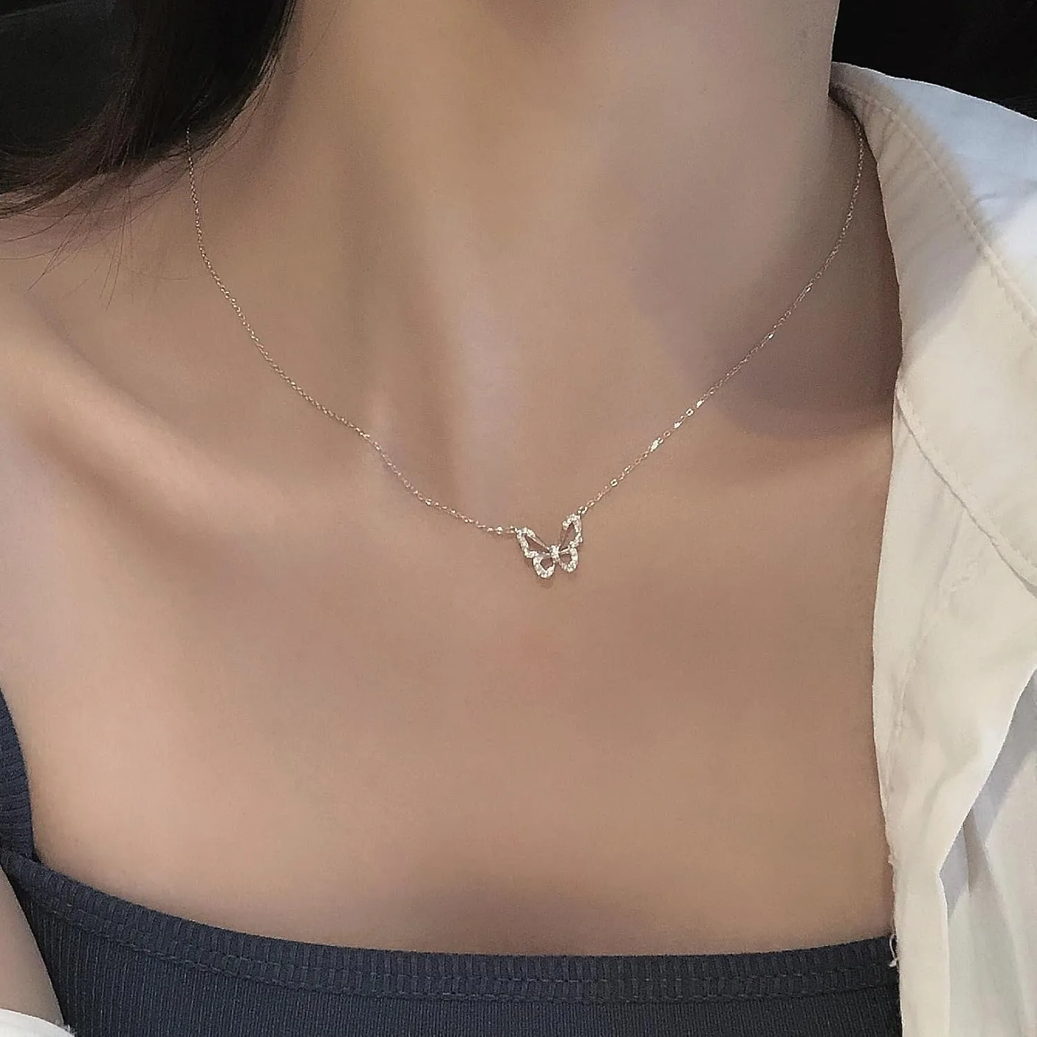 Rrdaily Butterfly Pendant Necklaces for Women, Dainty 14k Gold Cubic Zirconia Bowknot Chain Necklaces, Trendy Sweet Statement Choker Jewelry Gifts