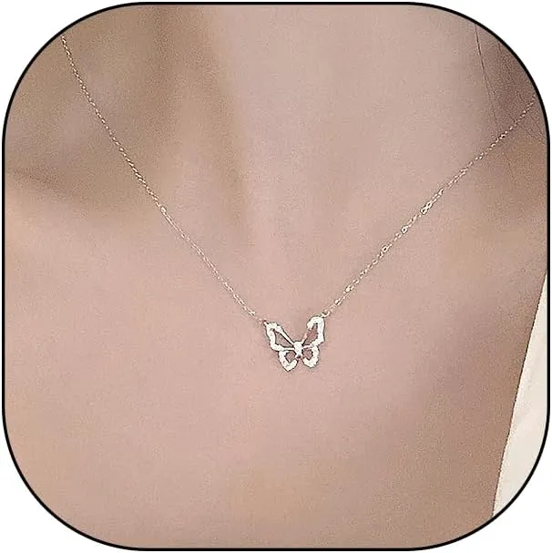 Rrdaily Butterfly Pendant Necklaces for Women, Dainty 14k Gold Cubic Zirconia Bowknot Chain Necklaces, Trendy Sweet Statement Choker Jewelry Gifts