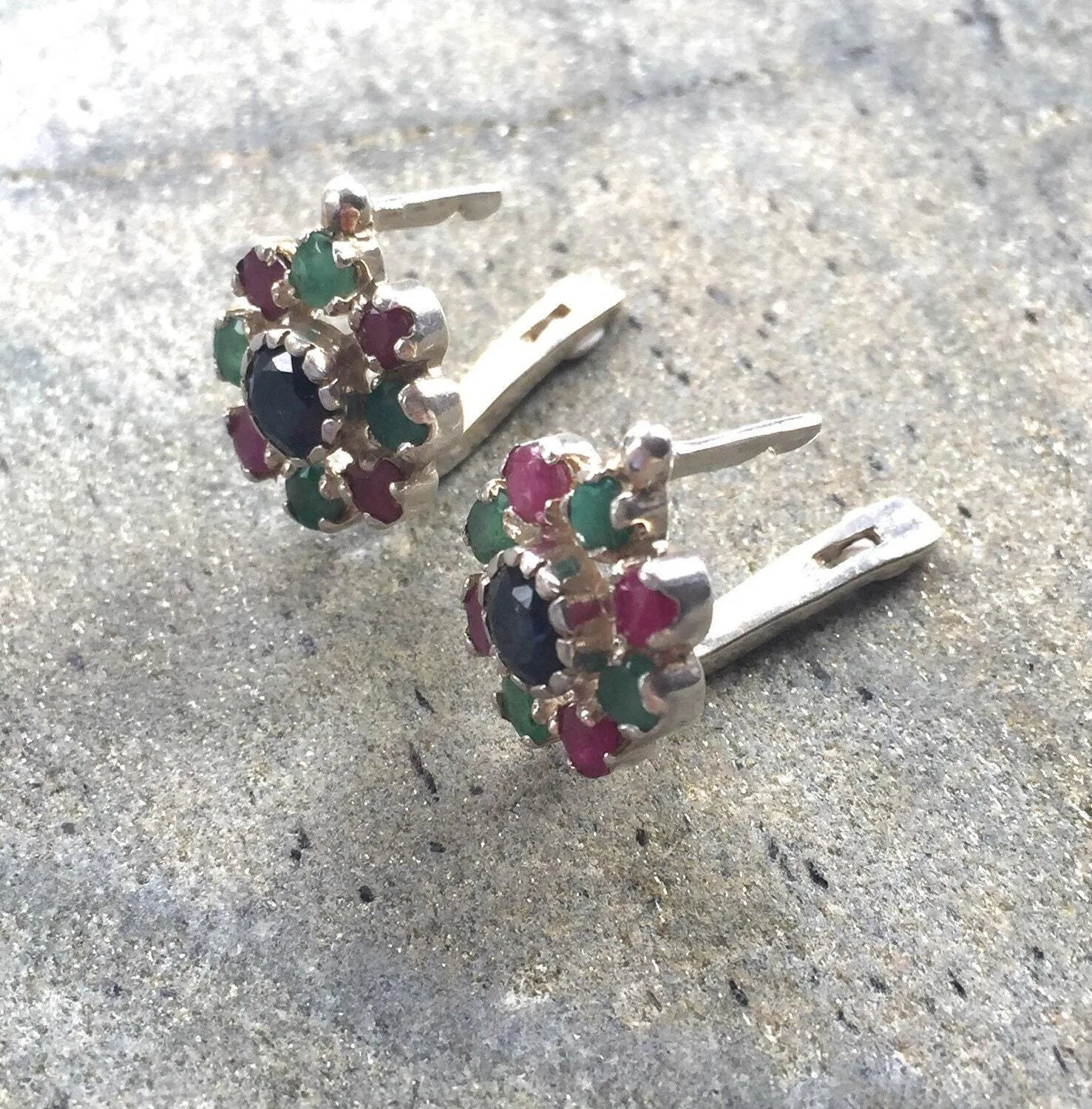 Sapphire Flower Earrings - Colorful Daisy Earrings - Multistone Silver Earrings