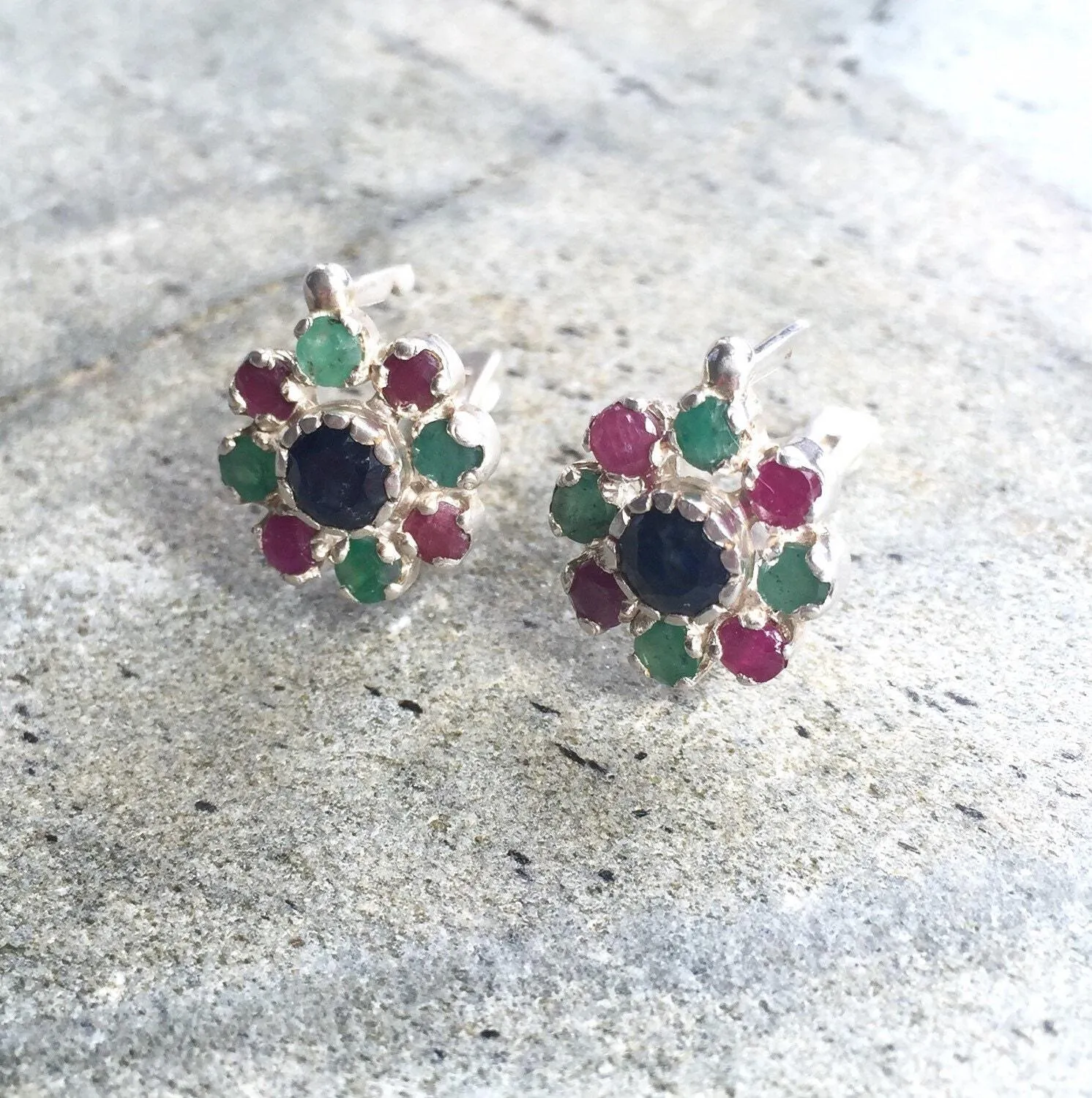 Sapphire Flower Earrings - Colorful Daisy Earrings - Multistone Silver Earrings