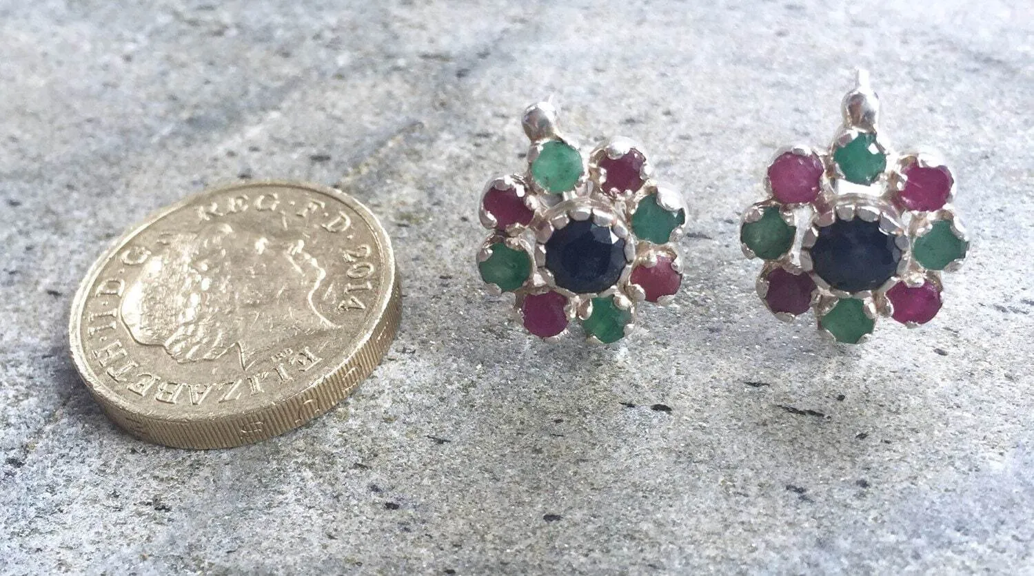 Sapphire Flower Earrings - Colorful Daisy Earrings - Multistone Silver Earrings