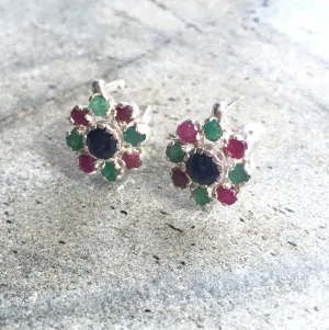 Sapphire Flower Earrings - Colorful Daisy Earrings - Multistone Silver Earrings
