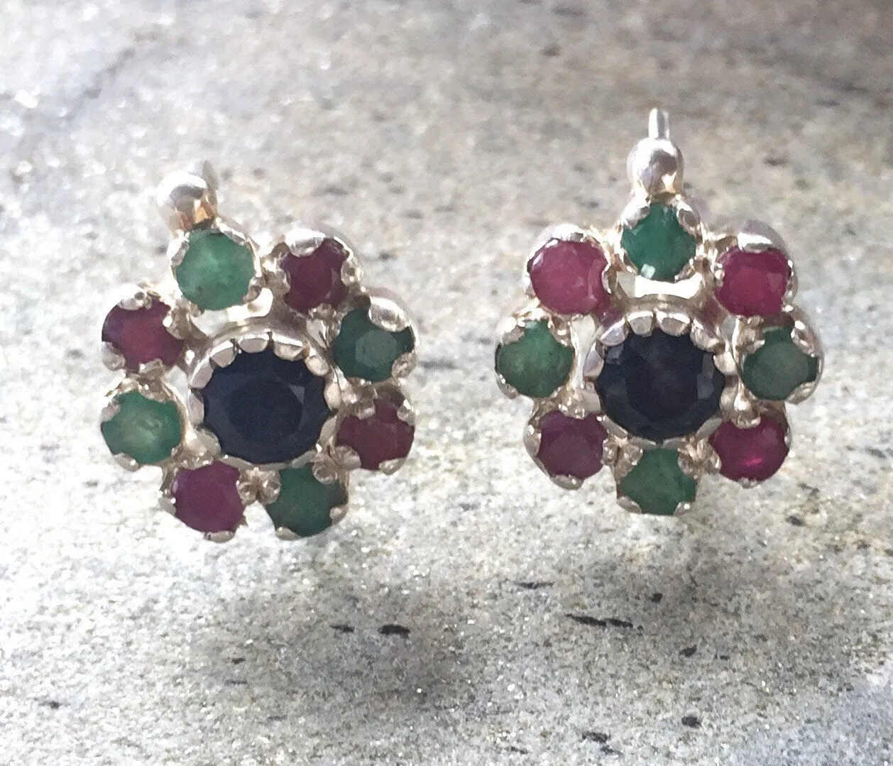 Sapphire Flower Earrings - Colorful Daisy Earrings - Multistone Silver Earrings