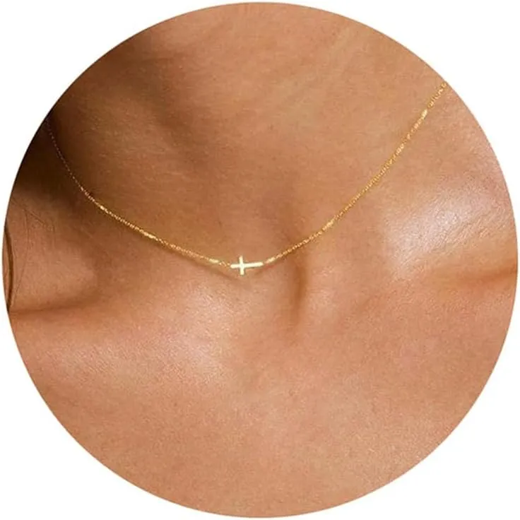 Sideways Cross Necklace for Women, Cute 14k Gold Plated Cross Necklaces Dainty Gold Necklace for Women Simple Gold Cross Choker Necklaces Trendy Gold Necklace Jewelry for Women